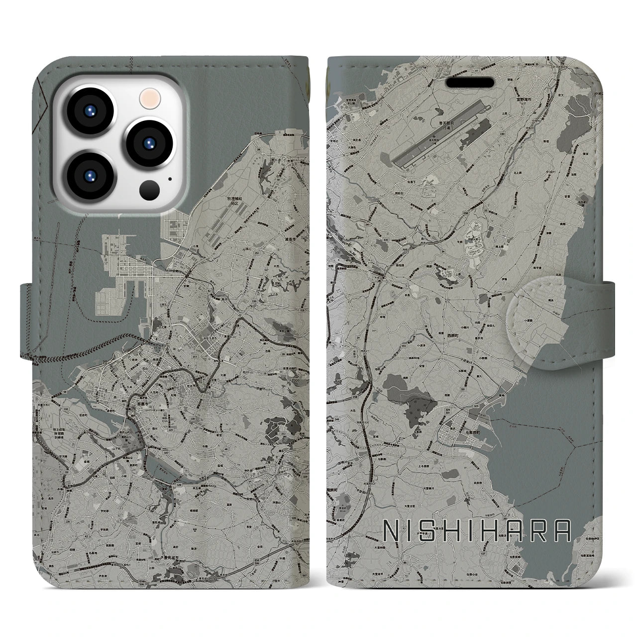 【西原(沖縄県)】地図柄iPhoneケース(手帳タイプ)モノトーン・iPhone 13 Pro 用