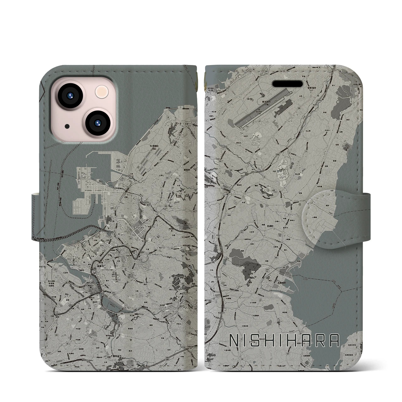 【西原(沖縄県)】地図柄iPhoneケース(手帳タイプ)モノトーン・iPhone 13 mini 用