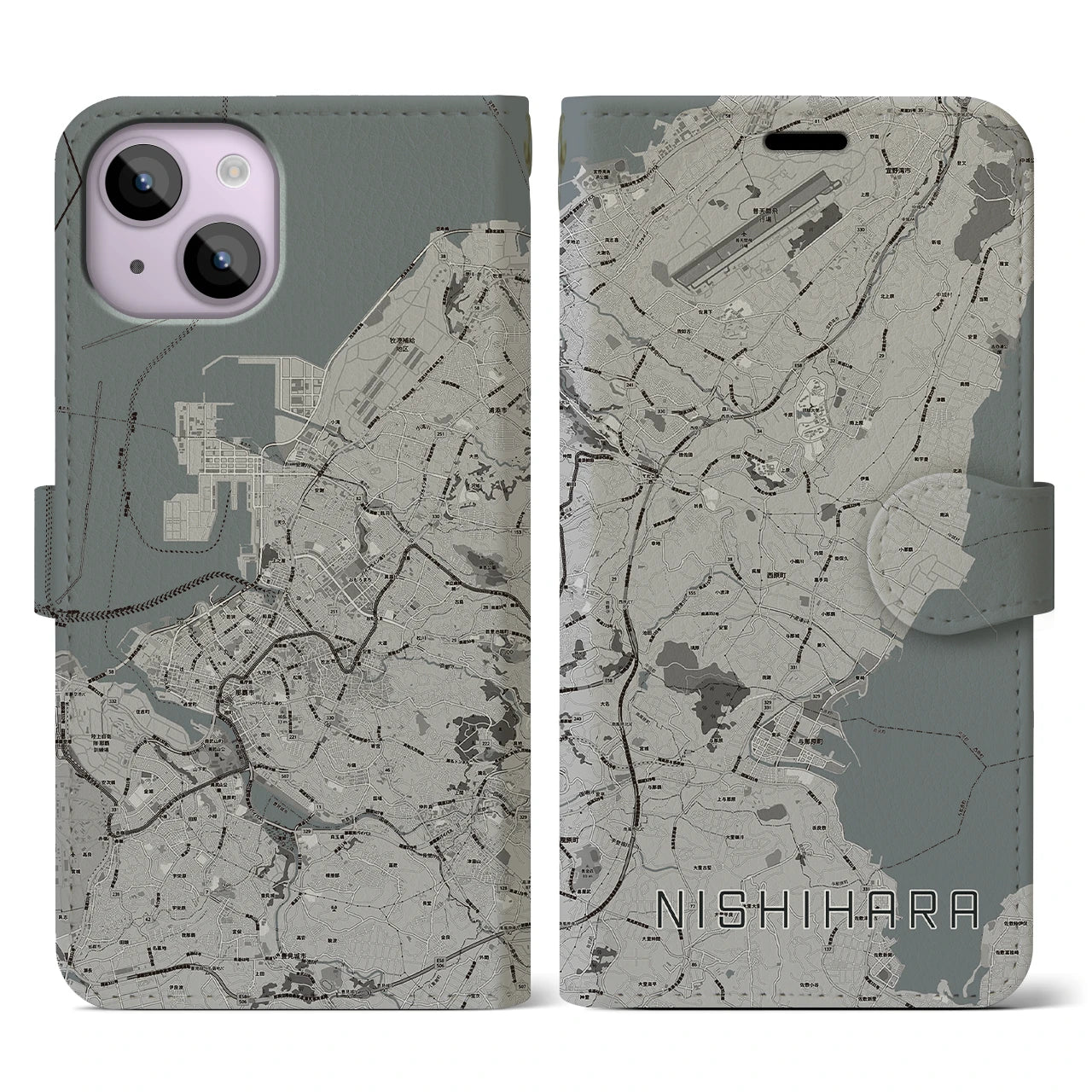 【西原(沖縄県)】地図柄iPhoneケース(手帳タイプ)モノトーン・iPhone 14 用