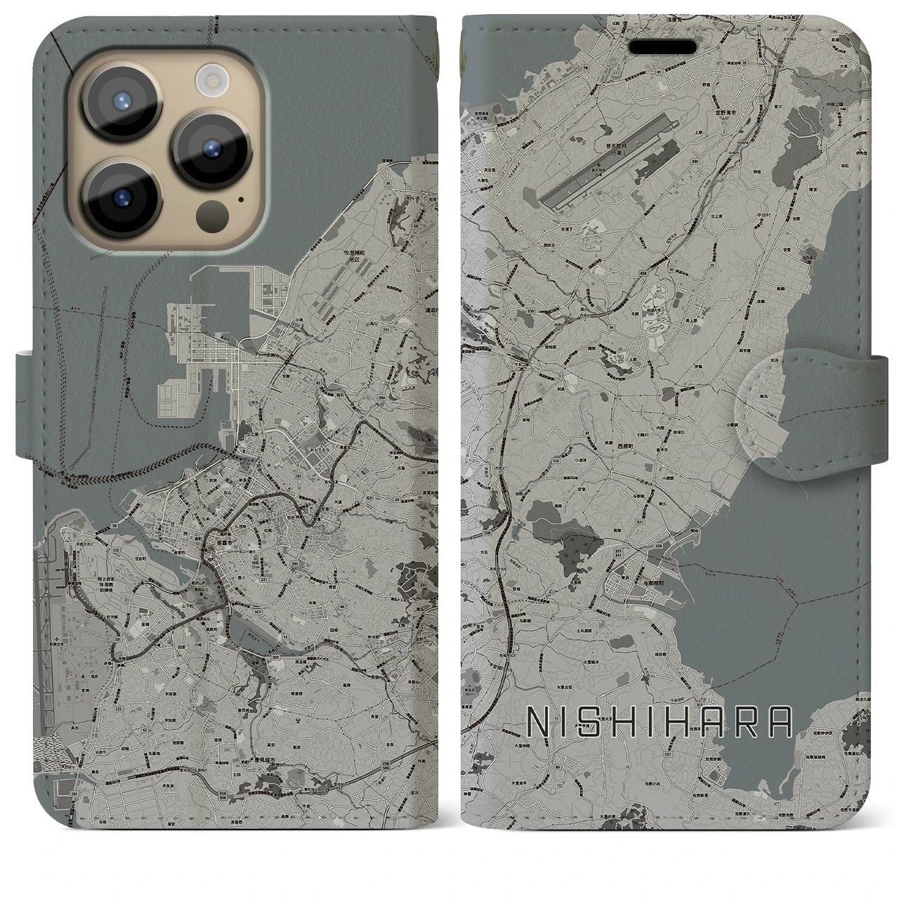 【西原(沖縄県)】地図柄iPhoneケース(手帳タイプ)モノトーン・iPhone 14 Pro Max 用
