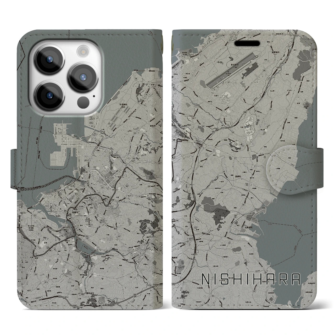 【西原(沖縄県)】地図柄iPhoneケース(手帳タイプ)モノトーン・iPhone 14 Pro 用