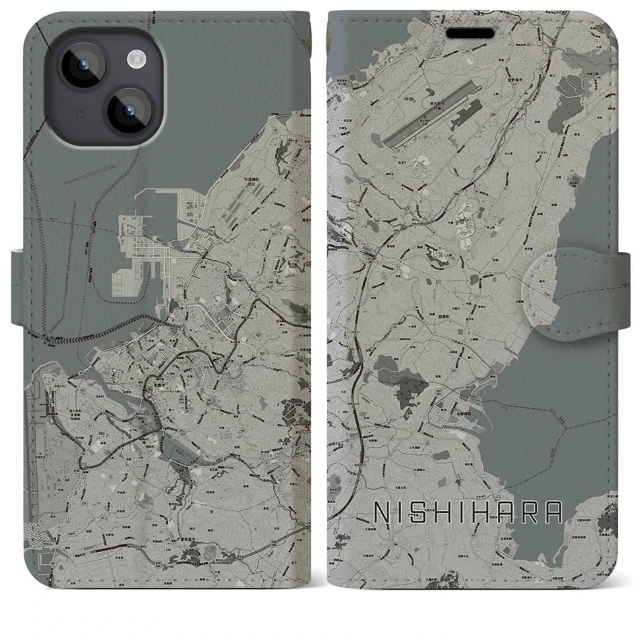 【西原(沖縄県)】地図柄iPhoneケース(手帳タイプ)モノトーン・iPhone 14 Plus 用
