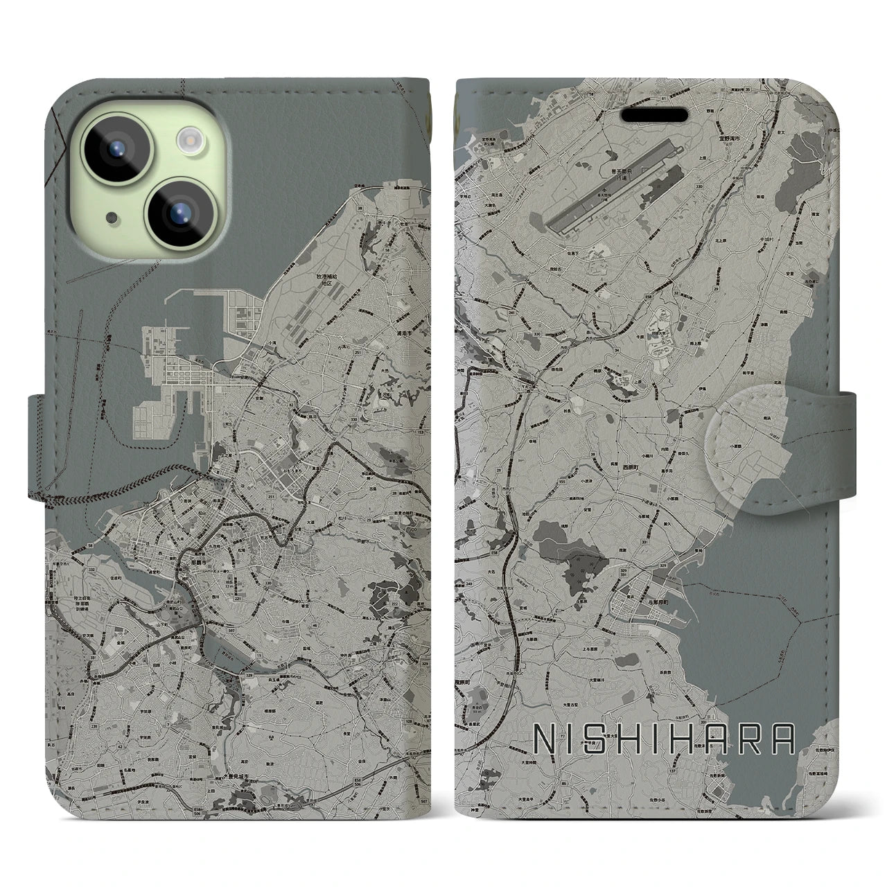 【西原(沖縄県)】地図柄iPhoneケース(手帳タイプ)モノトーン・iPhone 15 用