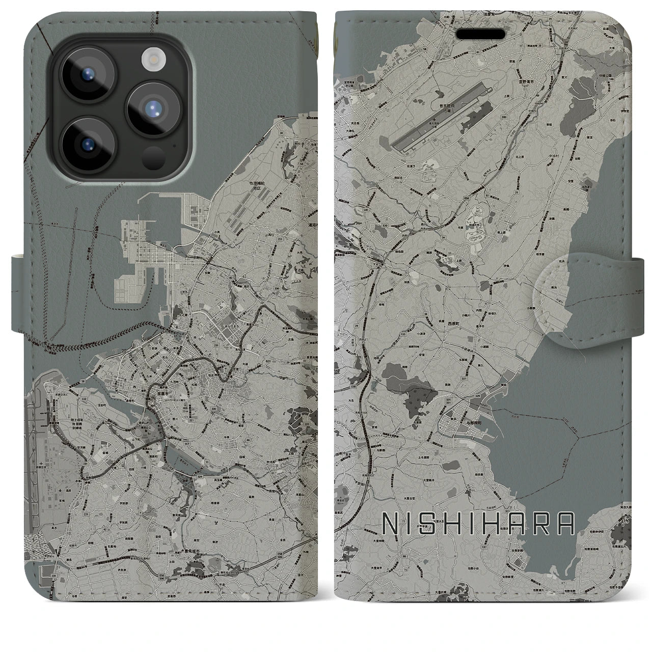 【西原(沖縄県)】地図柄iPhoneケース(手帳タイプ)モノトーン・iPhone 15 Pro Max 用