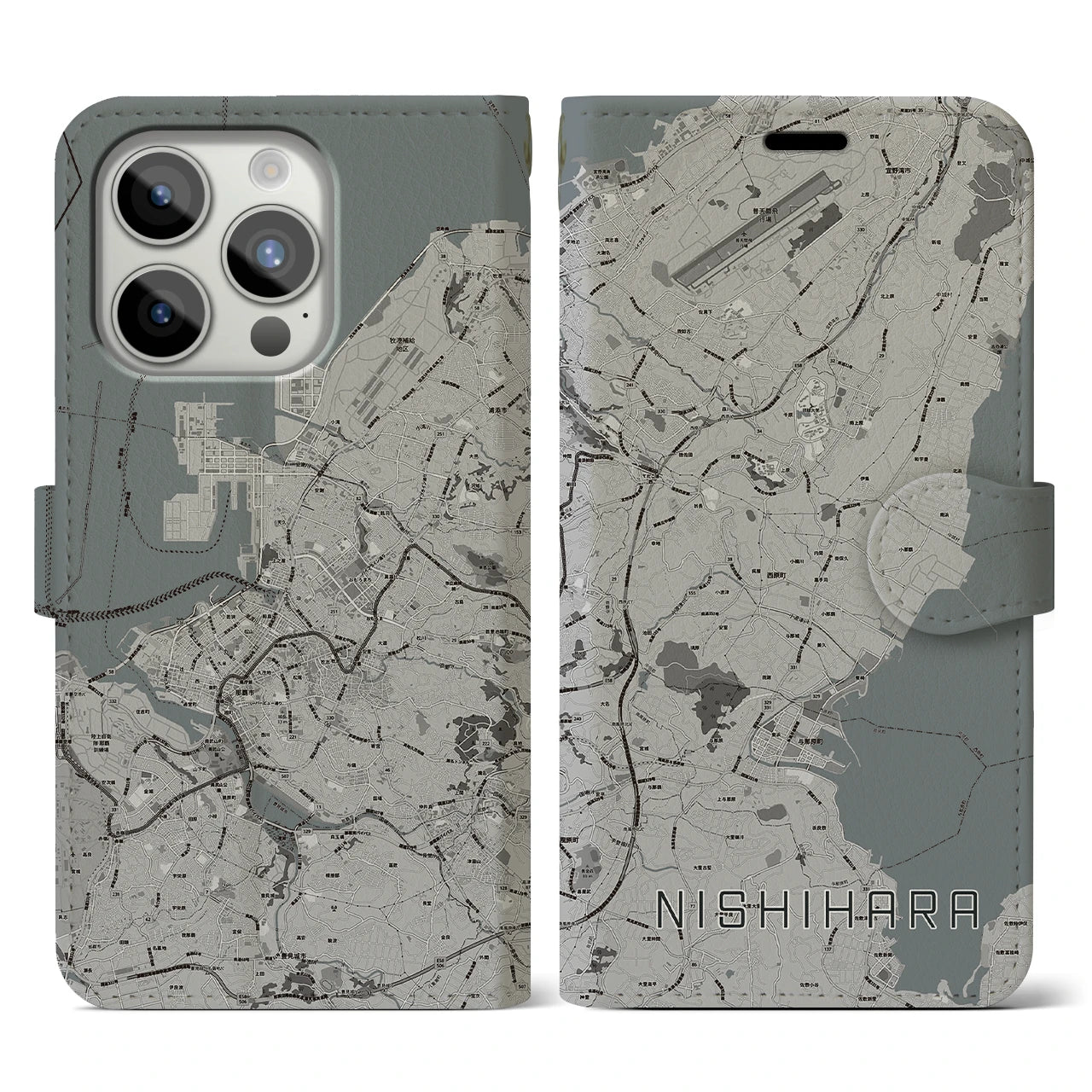 【西原(沖縄県)】地図柄iPhoneケース(手帳タイプ)モノトーン・iPhone 15 Pro 用