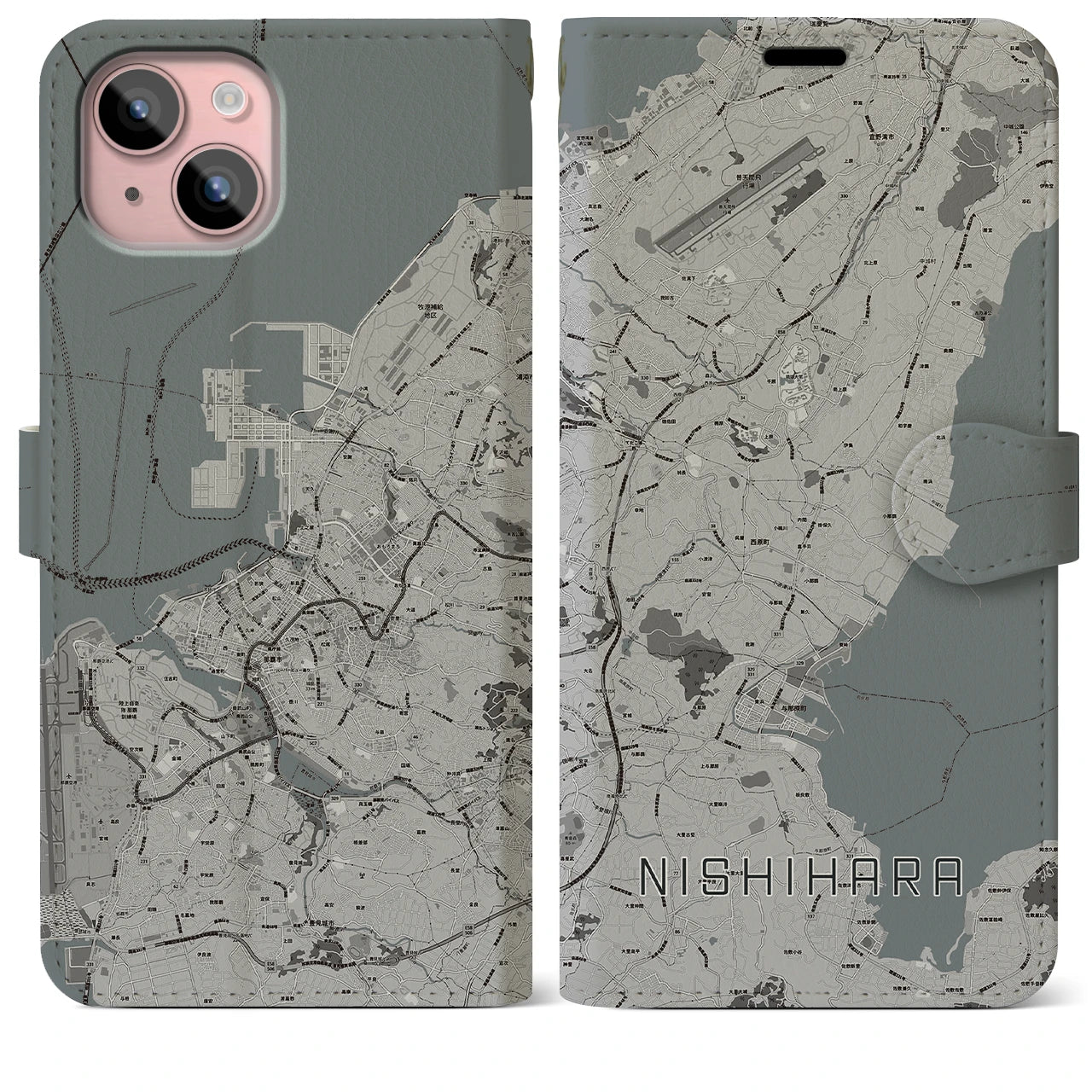 【西原(沖縄県)】地図柄iPhoneケース(手帳タイプ)モノトーン・iPhone 15 Plus 用