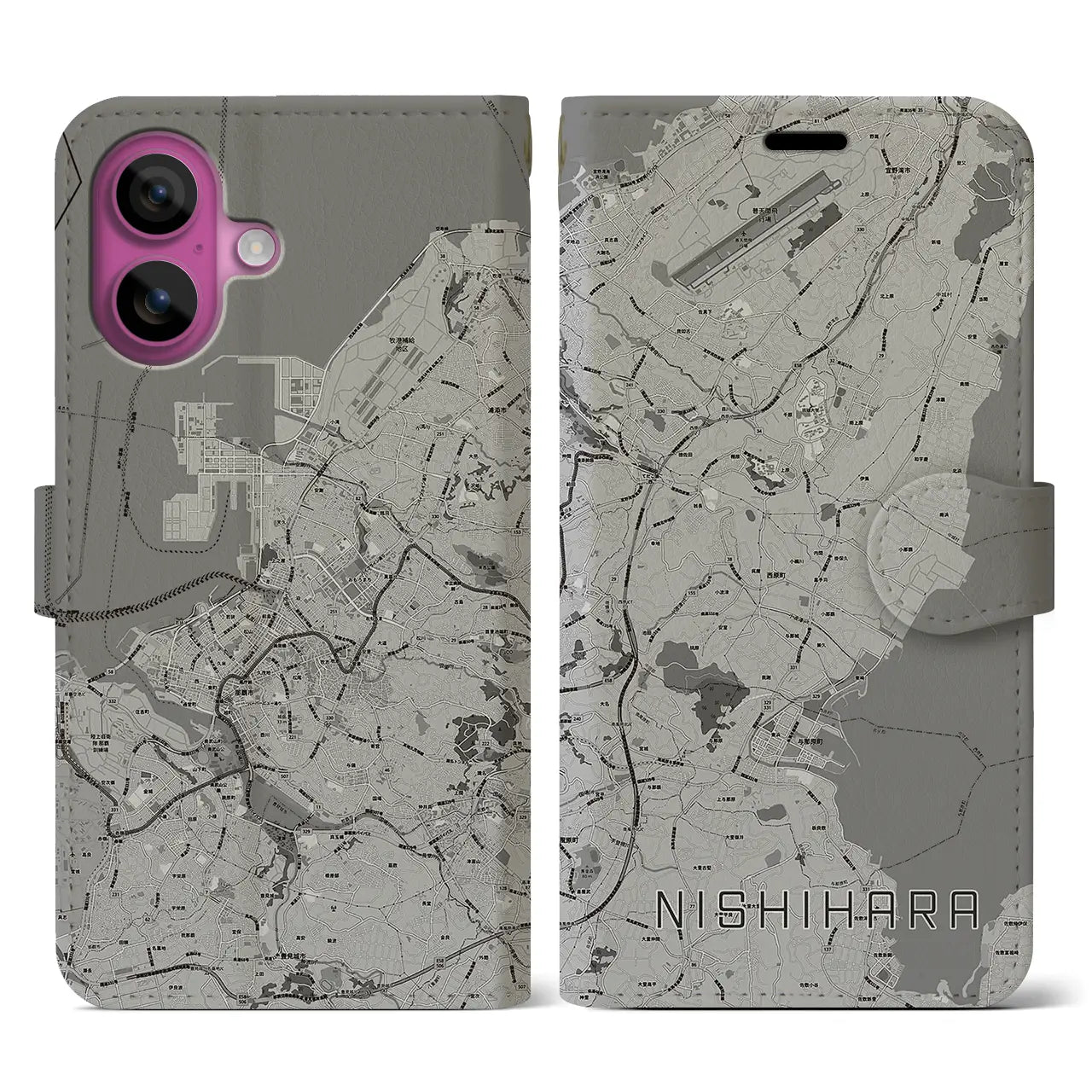 【西原(沖縄県)】地図柄iPhoneケース(手帳タイプ)モノトーン・iPhone 16 Pro 用