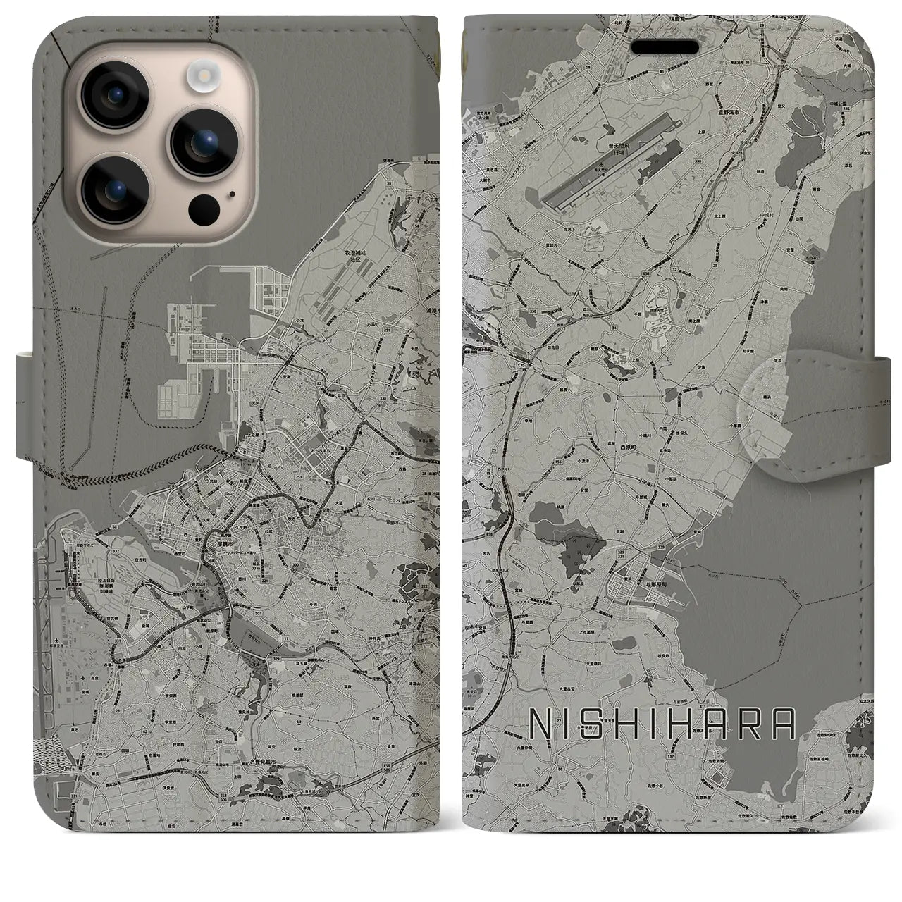 【西原(沖縄県)】地図柄iPhoneケース(手帳タイプ)モノトーン・iPhone 16 Plus 用