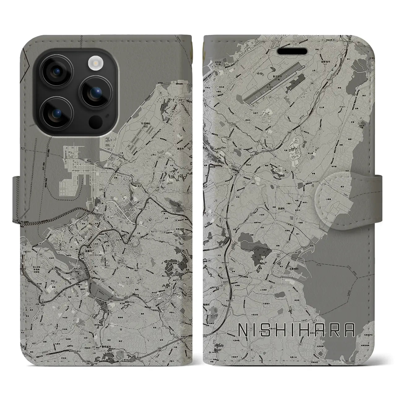 【西原(沖縄県)】地図柄iPhoneケース(手帳タイプ)モノトーン・iPhone 16 用