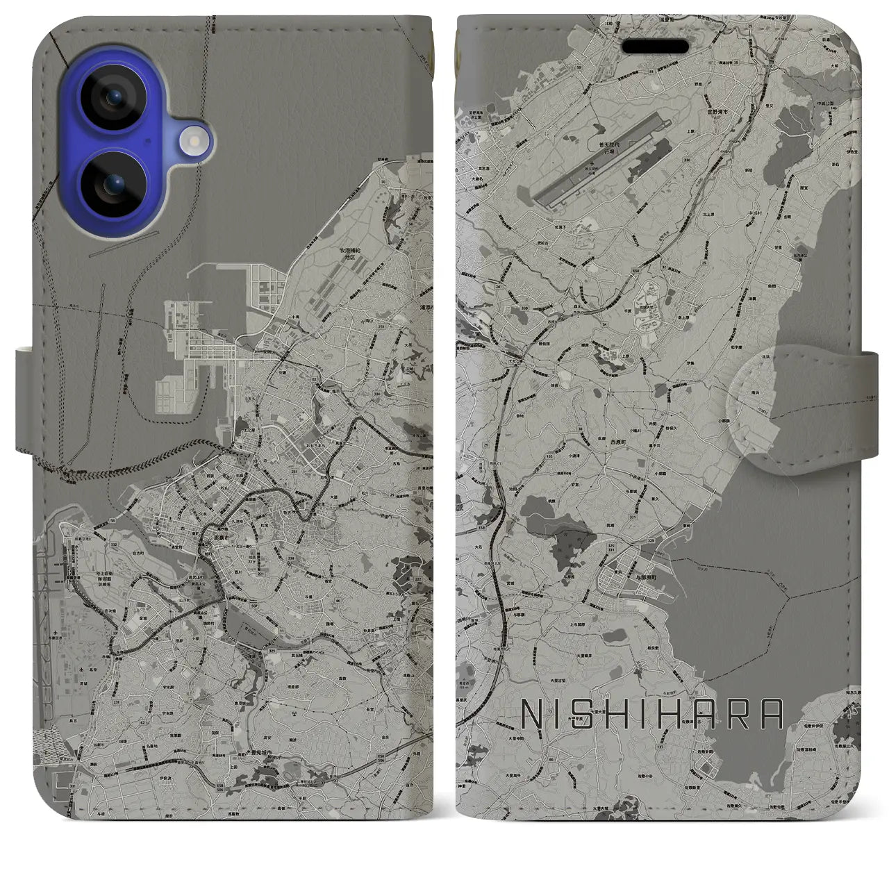 【西原(沖縄県)】地図柄iPhoneケース(手帳タイプ)モノトーン・iPhone 16 Pro Max 用
