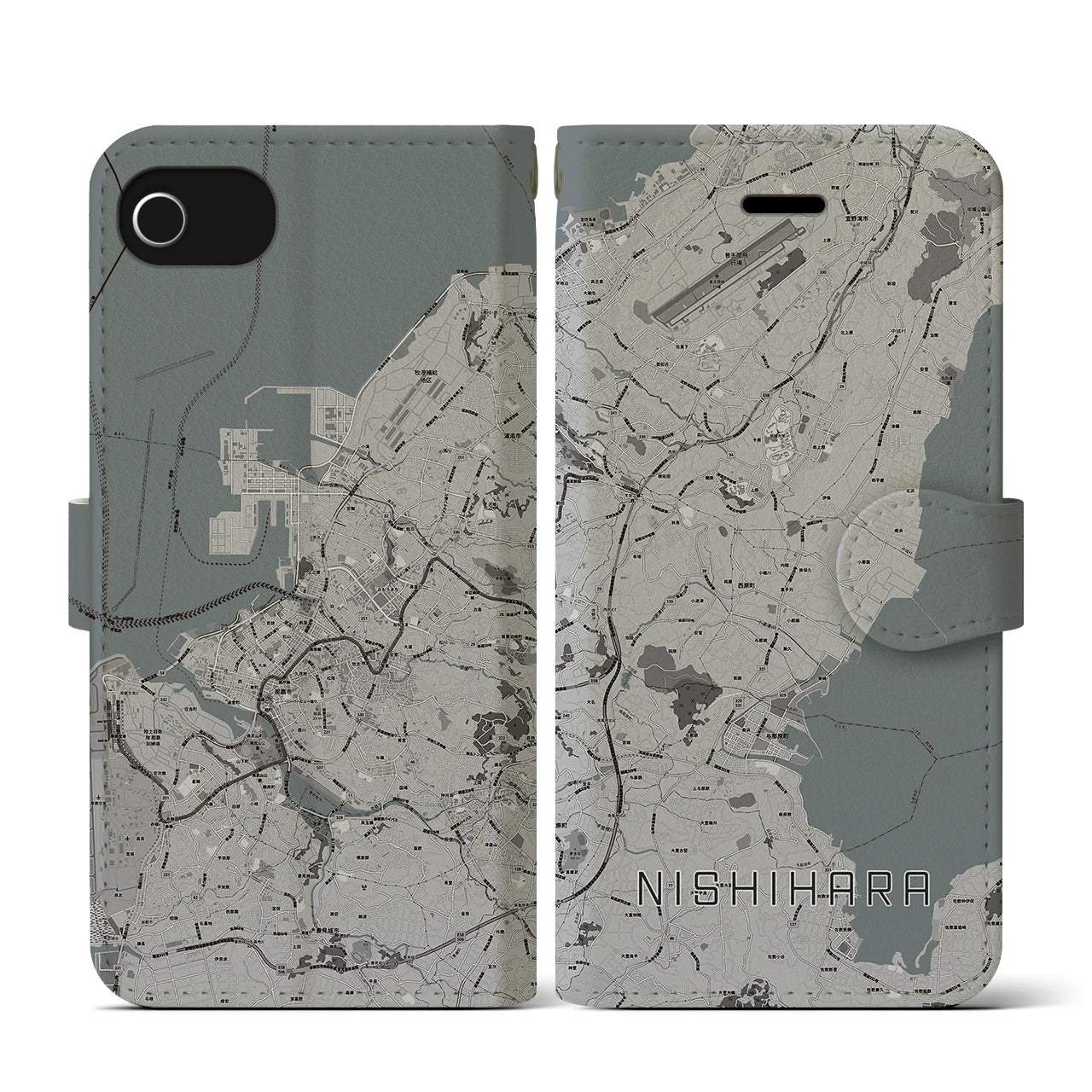 【西原(沖縄県)】地図柄iPhoneケース(手帳タイプ)モノトーン・iPhone SE(第3 / 第2世代) / 8 / 7 / 6s / 6 用