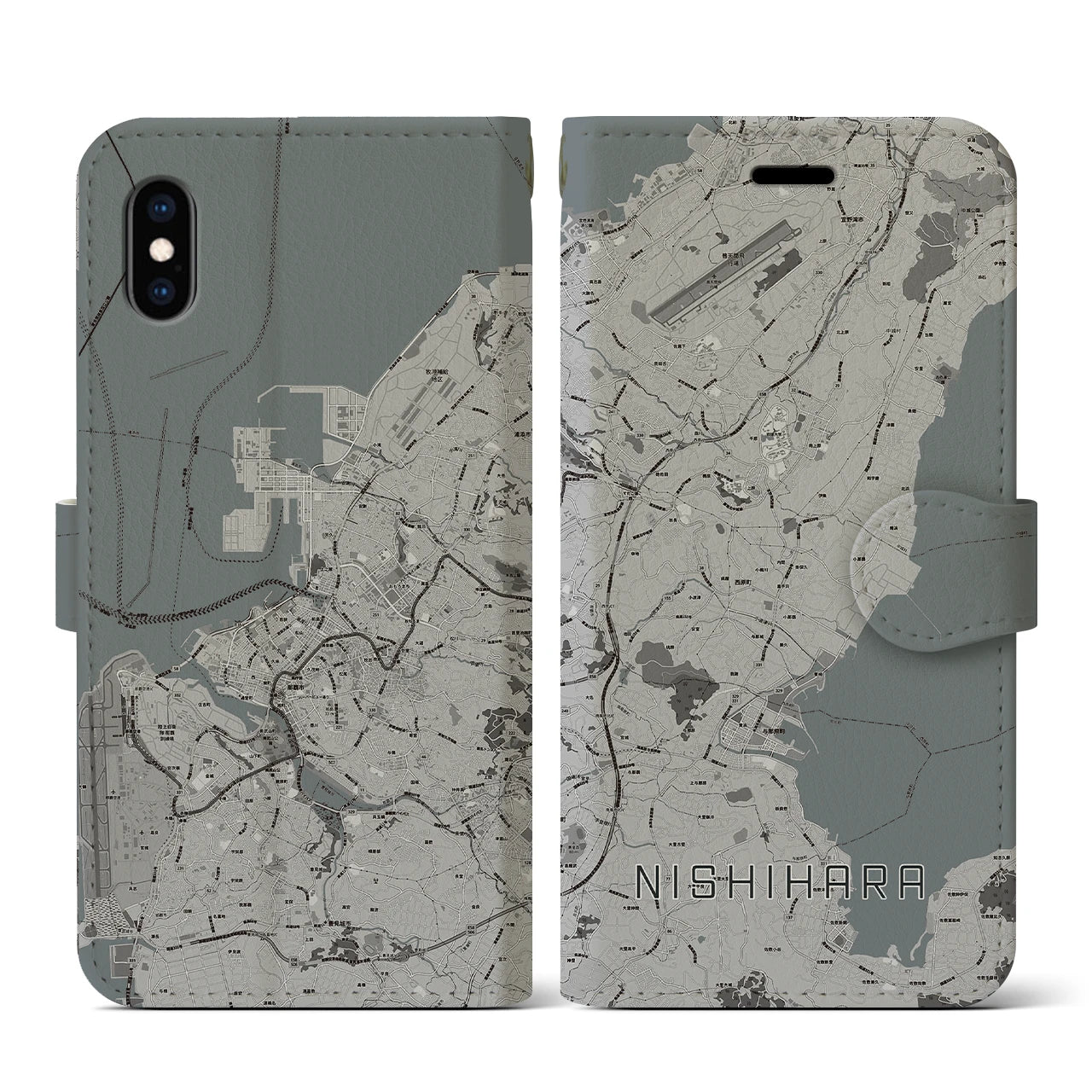 【西原(沖縄県)】地図柄iPhoneケース(手帳タイプ)モノトーン・iPhone XS / X 用