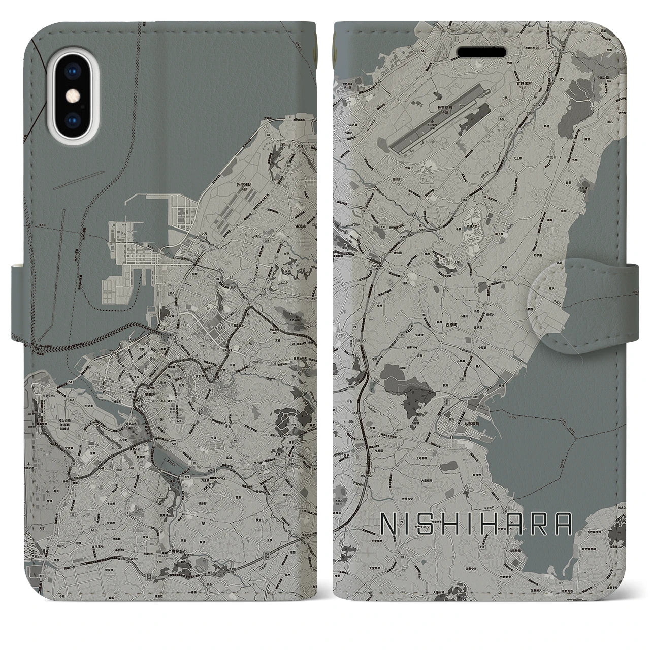 【西原(沖縄県)】地図柄iPhoneケース(手帳タイプ)モノトーン・iPhone XS Max 用