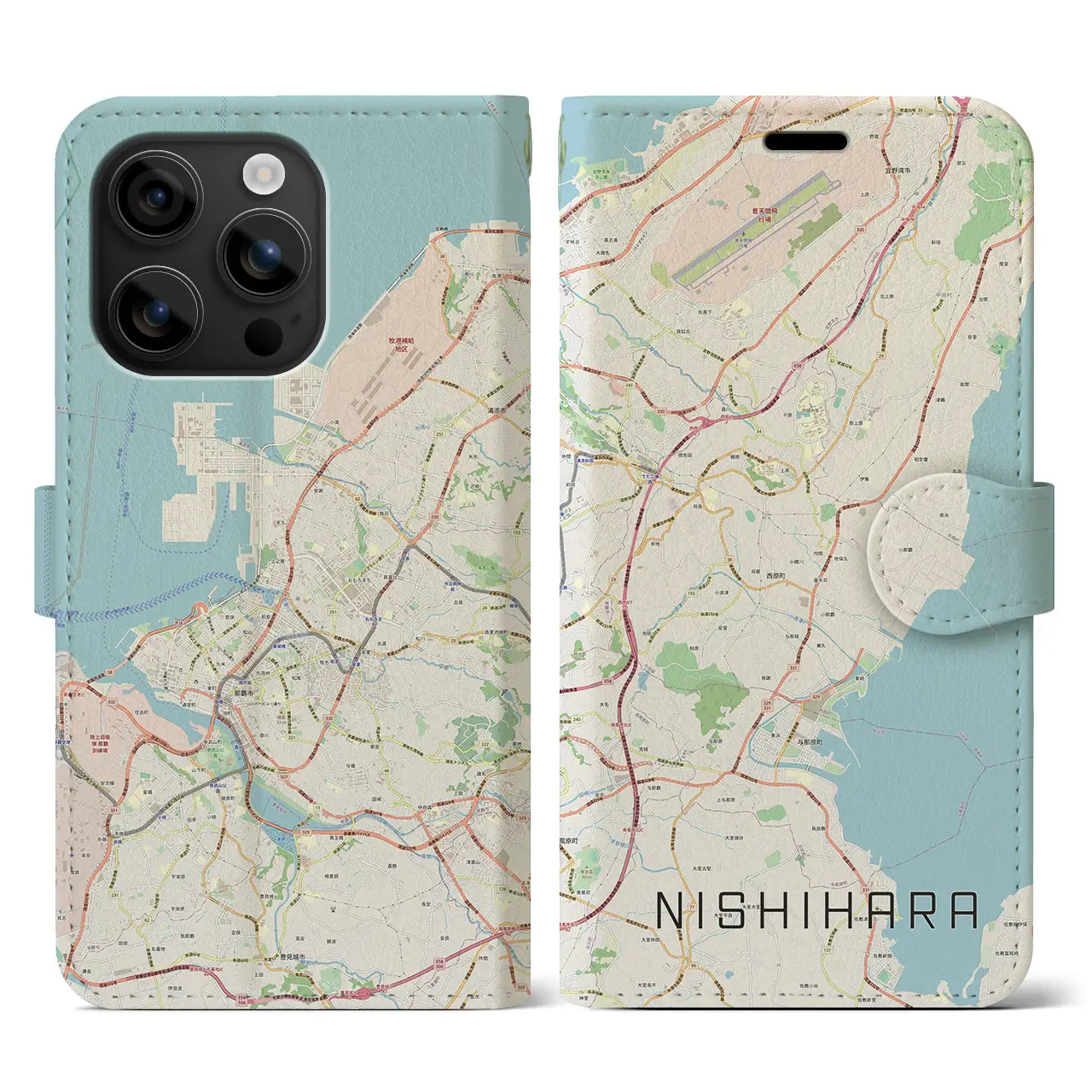 【西原(沖縄県)】地図柄iPhoneケース(手帳タイプ)ナチュラル・iPhone 16 用
