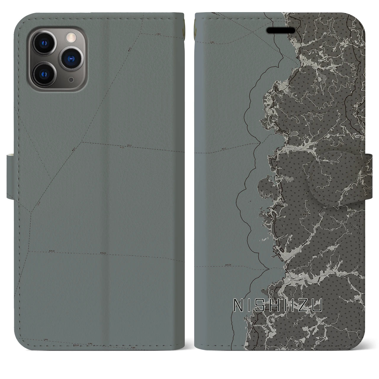 【西伊豆2(静岡県)】地図柄iPhoneケース(手帳タイプ)モノトーン・iPhone 11 Pro Max 用