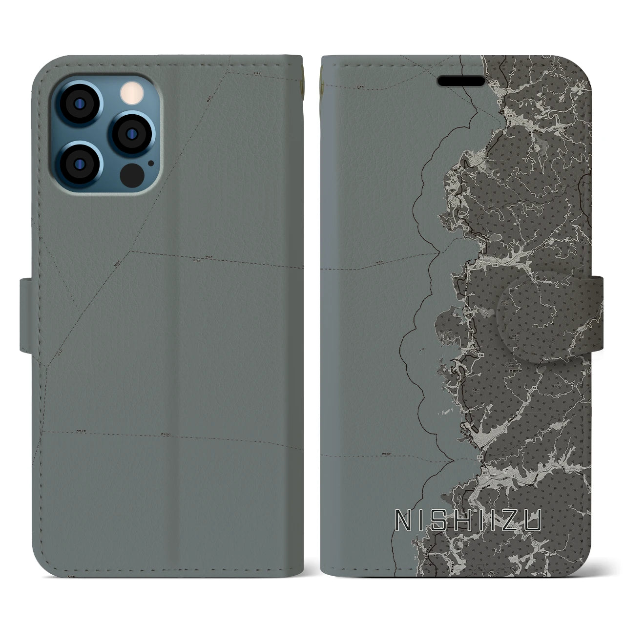 【西伊豆2(静岡県)】地図柄iPhoneケース(手帳タイプ)モノトーン・iPhone 12 / 12 Pro 用