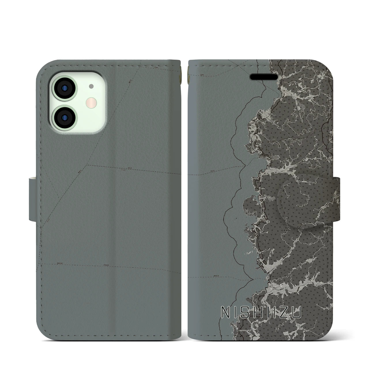 【西伊豆2(静岡県)】地図柄iPhoneケース(手帳タイプ)モノトーン・iPhone 12 mini 用