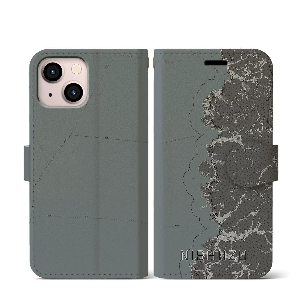 【西伊豆2(静岡県)】地図柄iPhoneケース(手帳タイプ)モノトーン・iPhone 13 mini 用