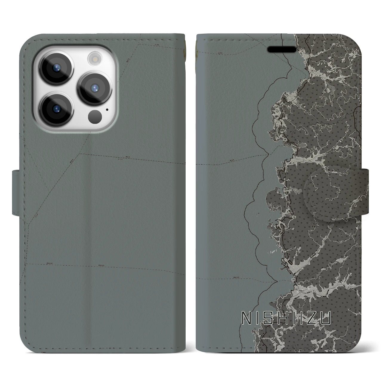【西伊豆2(静岡県)】地図柄iPhoneケース(手帳タイプ)モノトーン・iPhone 14 Pro 用