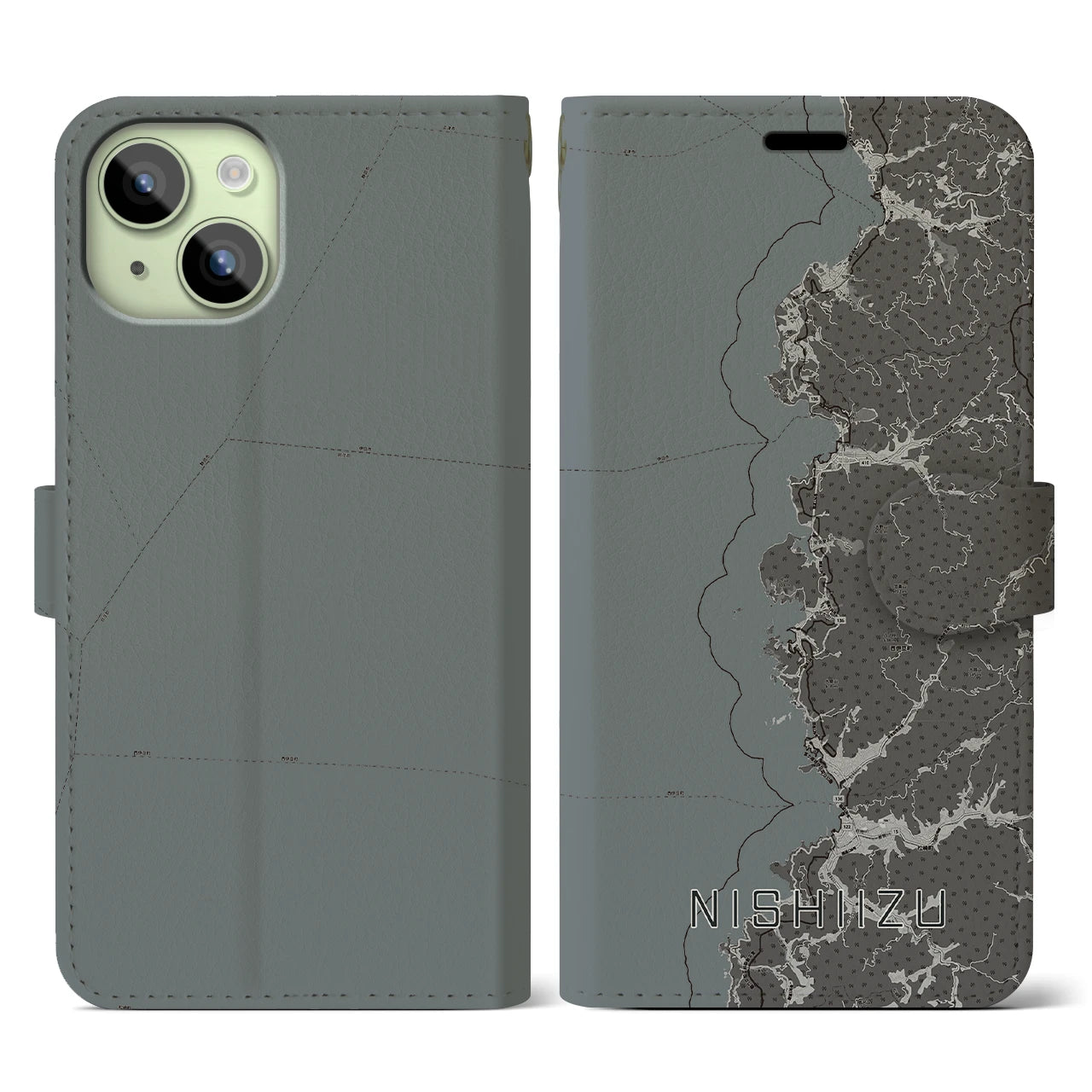 【西伊豆2(静岡県)】地図柄iPhoneケース(手帳タイプ)モノトーン・iPhone 15 用