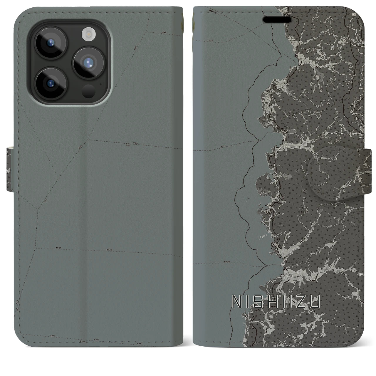 【西伊豆2(静岡県)】地図柄iPhoneケース(手帳タイプ)モノトーン・iPhone 15 Pro Max 用