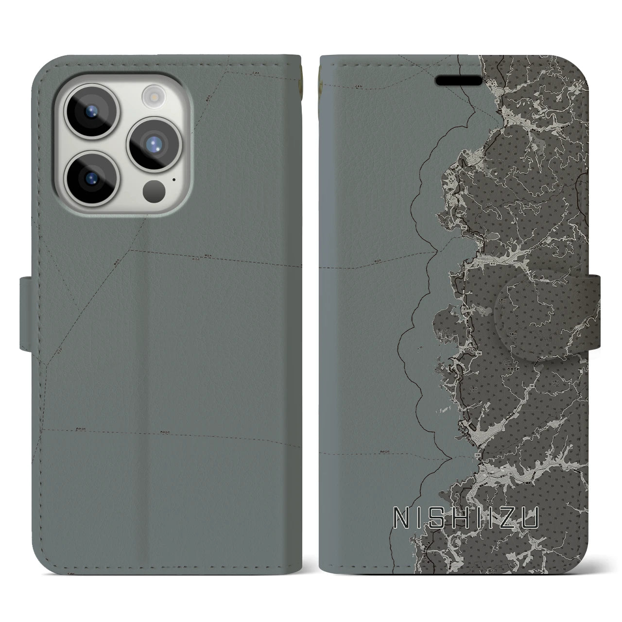 【西伊豆2(静岡県)】地図柄iPhoneケース(手帳タイプ)モノトーン・iPhone 15 Pro 用