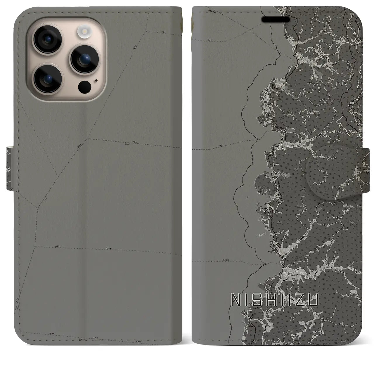 【西伊豆2(静岡県)】地図柄iPhoneケース(手帳タイプ)モノトーン・iPhone 16 Plus 用