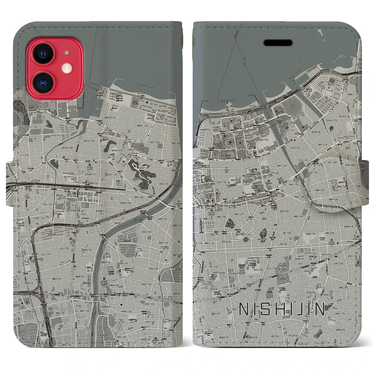 【西新(福岡県)】地図柄iPhoneケース(手帳タイプ)モノトーン・iPhone 11 用