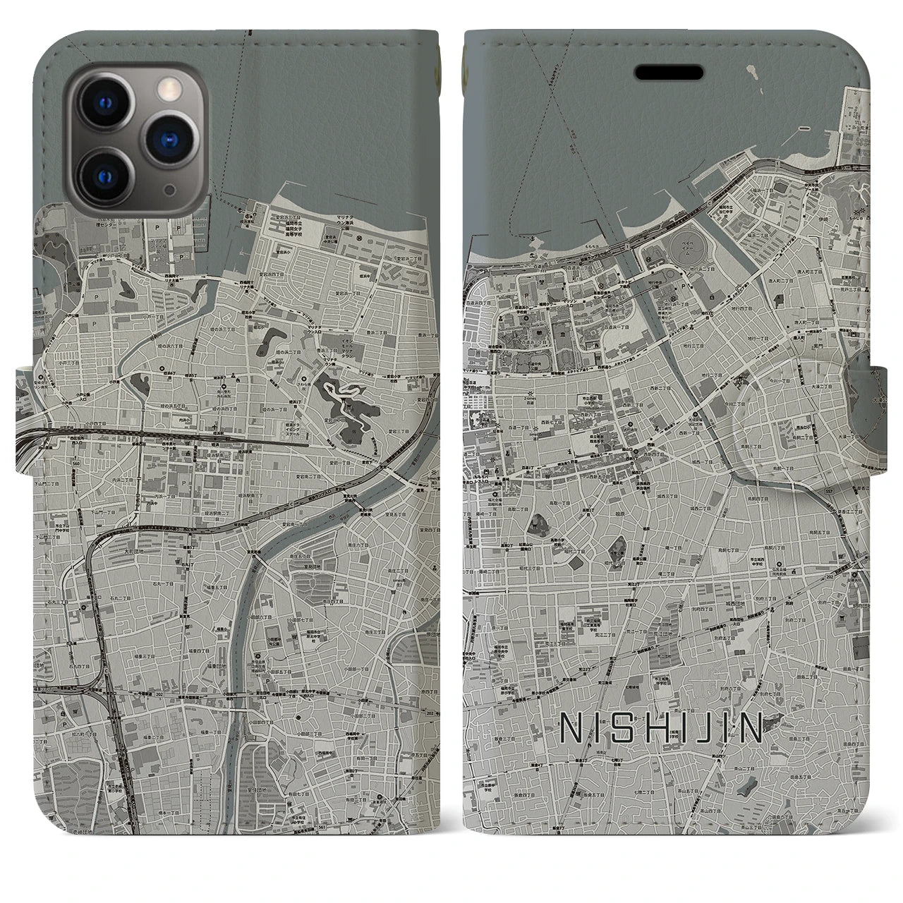 【西新(福岡県)】地図柄iPhoneケース(手帳タイプ)モノトーン・iPhone 11 Pro Max 用
