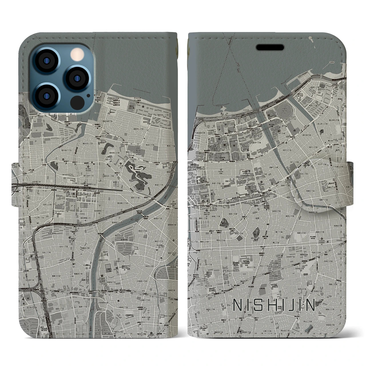 【西新(福岡県)】地図柄iPhoneケース(手帳タイプ)モノトーン・iPhone 12 / 12 Pro 用