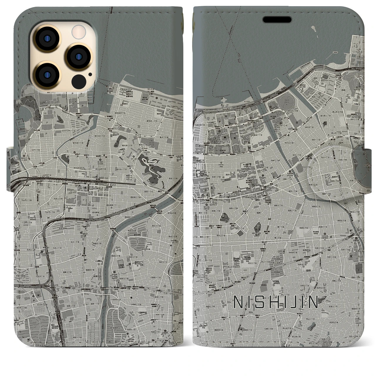 【西新(福岡県)】地図柄iPhoneケース(手帳タイプ)モノトーン・iPhone 12 Pro Max 用