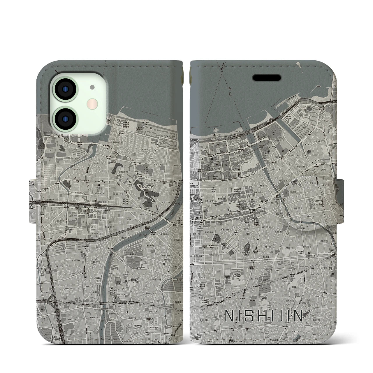 【西新(福岡県)】地図柄iPhoneケース(手帳タイプ)モノトーン・iPhone 12 mini 用
