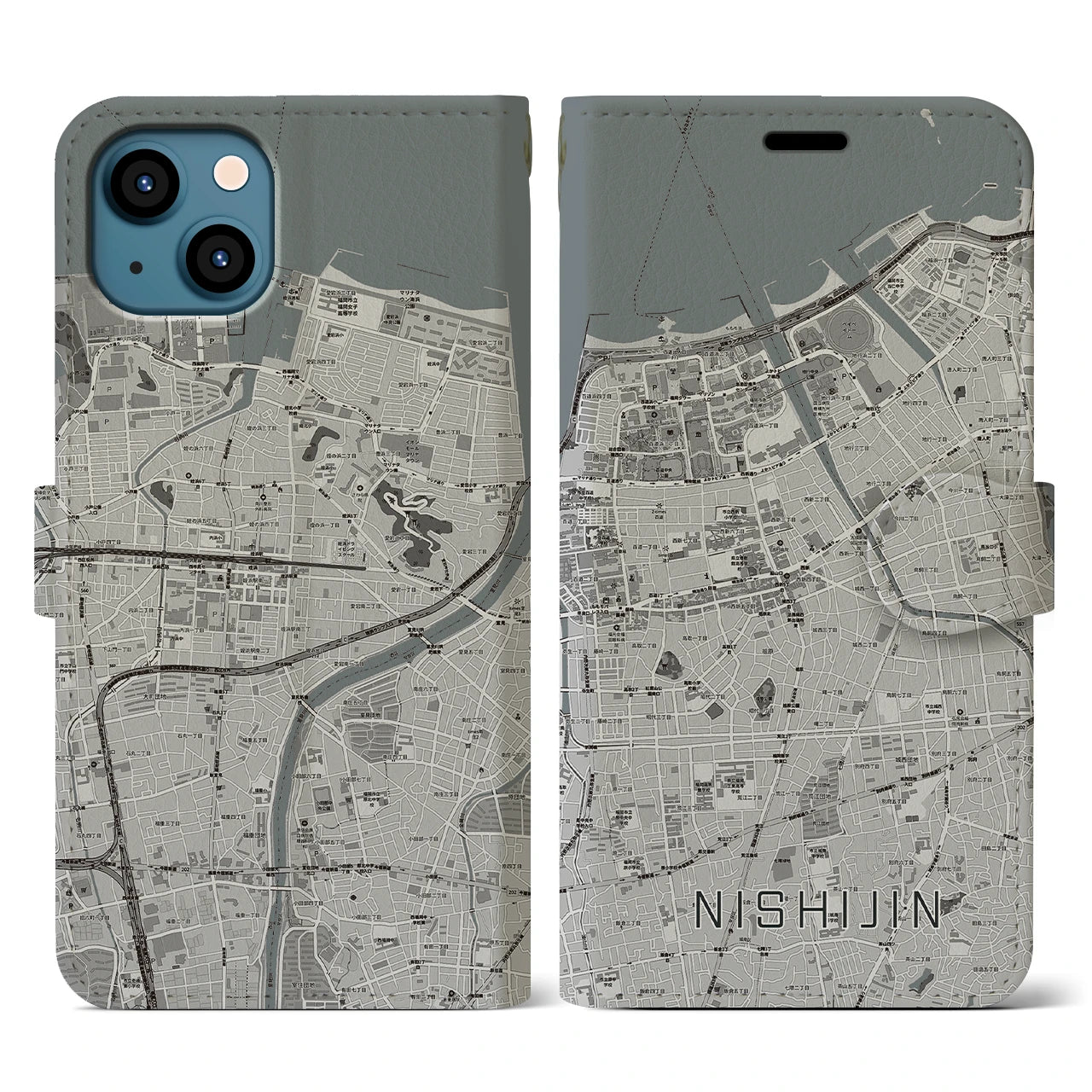 【西新(福岡県)】地図柄iPhoneケース(手帳タイプ)モノトーン・iPhone 13 用