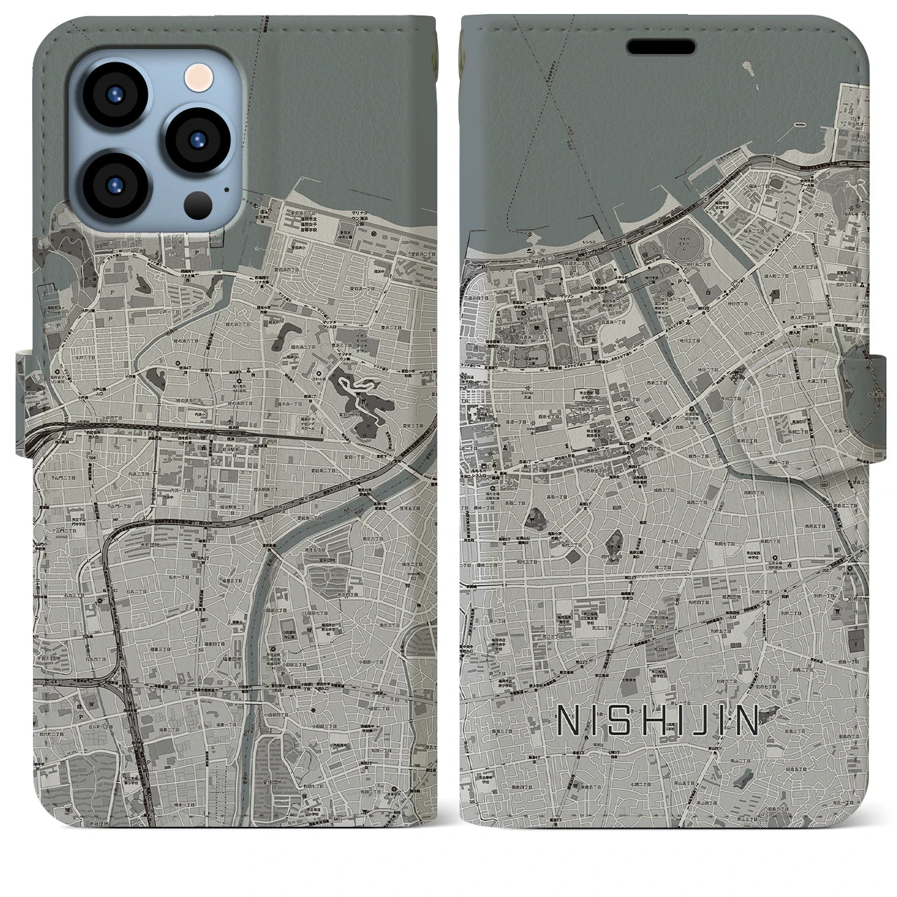 【西新(福岡県)】地図柄iPhoneケース(手帳タイプ)モノトーン・iPhone 13 Pro Max 用