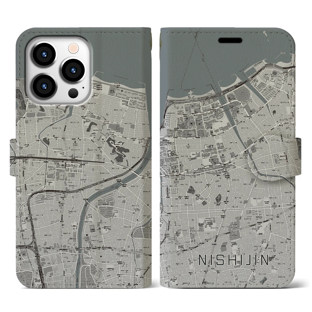 【西新(福岡県)】地図柄iPhoneケース(手帳タイプ)モノトーン・iPhone 13 Pro 用