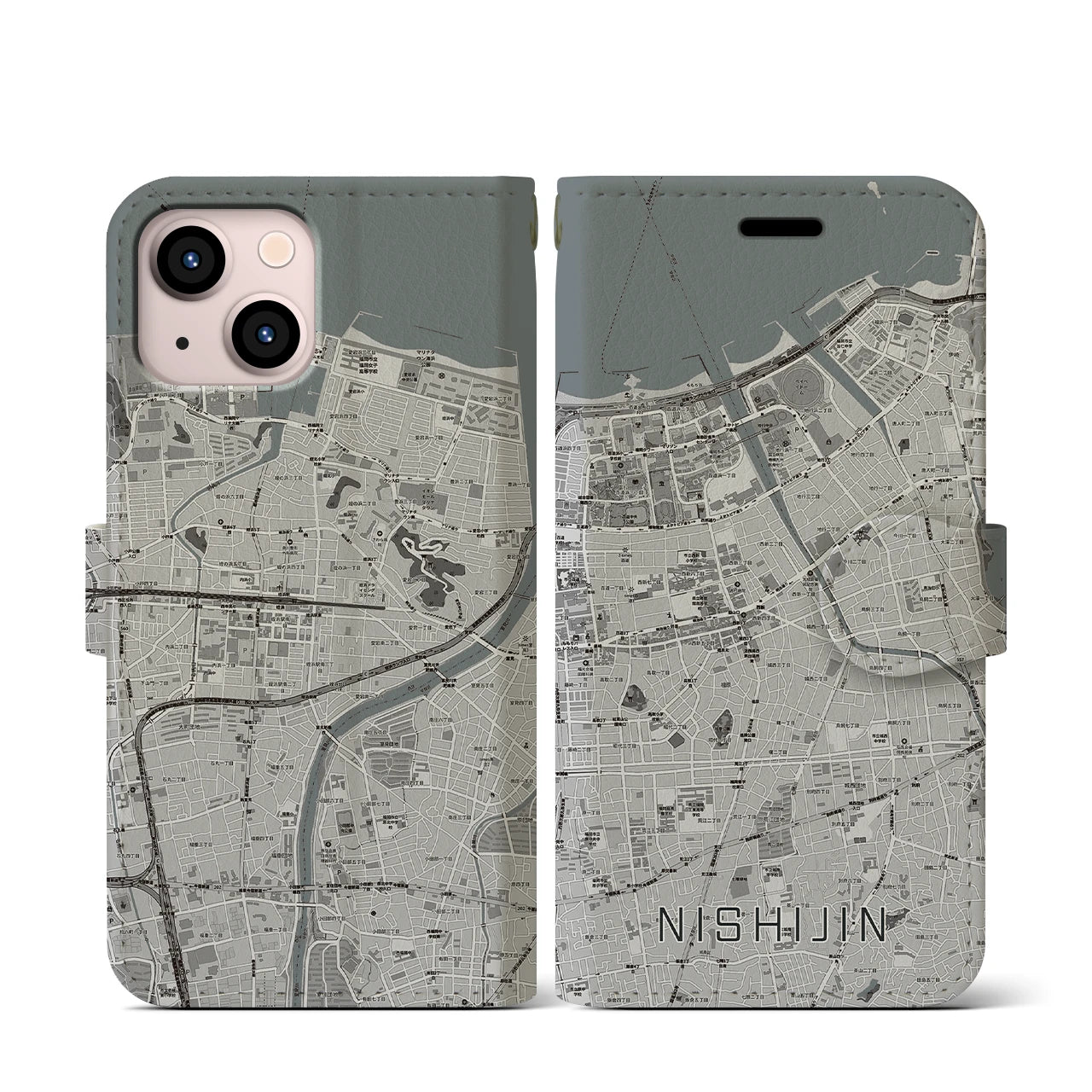【西新(福岡県)】地図柄iPhoneケース(手帳タイプ)モノトーン・iPhone 13 mini 用