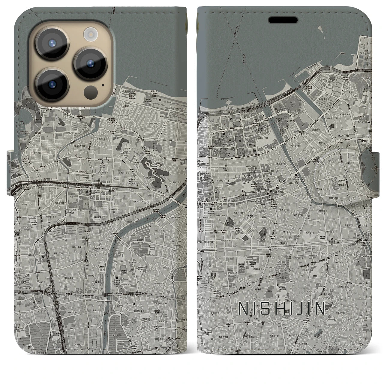 【西新(福岡県)】地図柄iPhoneケース(手帳タイプ)モノトーン・iPhone 14 Pro Max 用