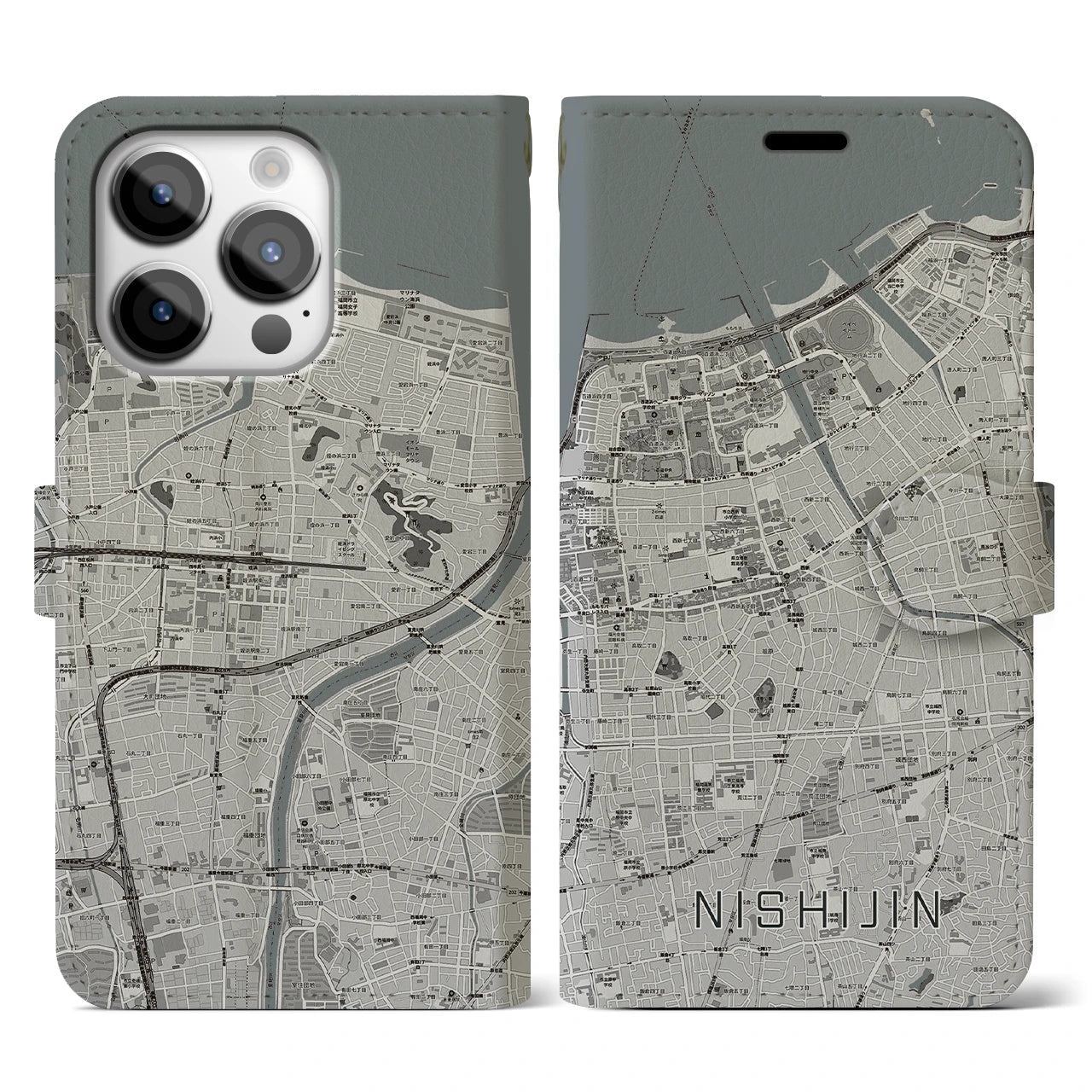【西新(福岡県)】地図柄iPhoneケース(手帳タイプ)モノトーン・iPhone 14 Pro 用
