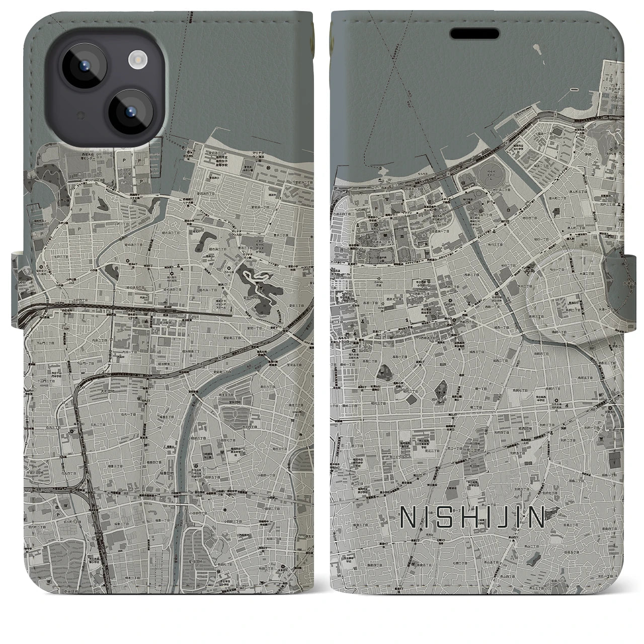 【西新(福岡県)】地図柄iPhoneケース(手帳タイプ)モノトーン・iPhone 14 Plus 用