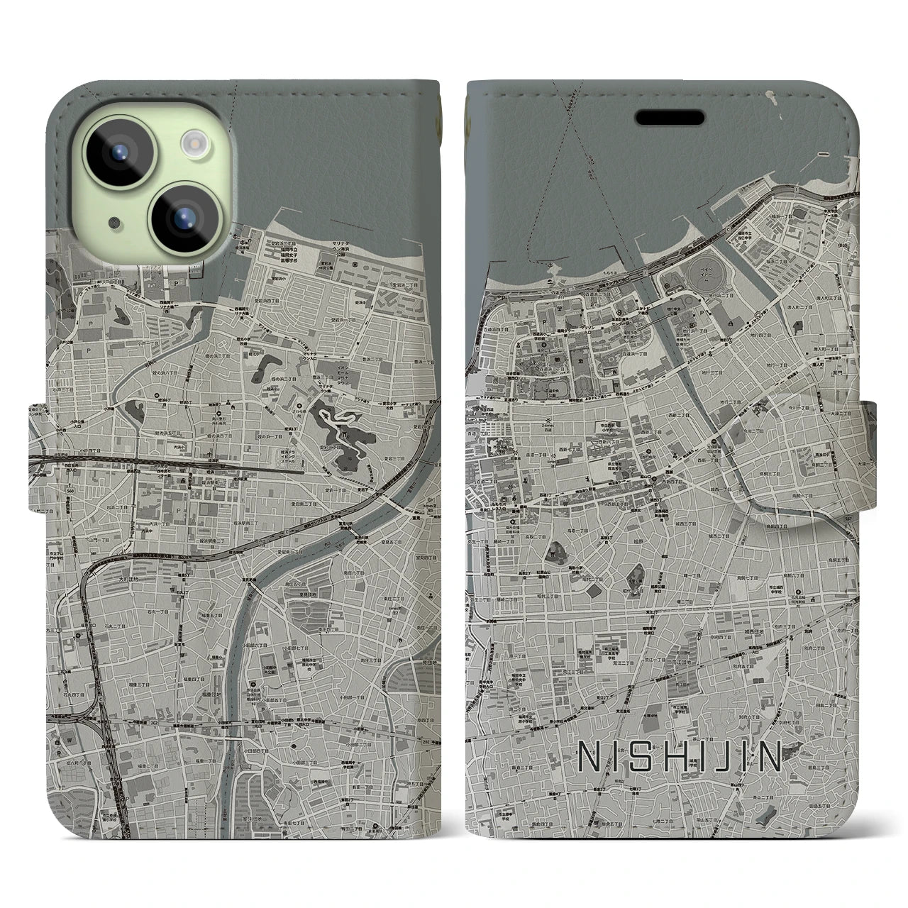 【西新(福岡県)】地図柄iPhoneケース(手帳タイプ)モノトーン・iPhone 15 用