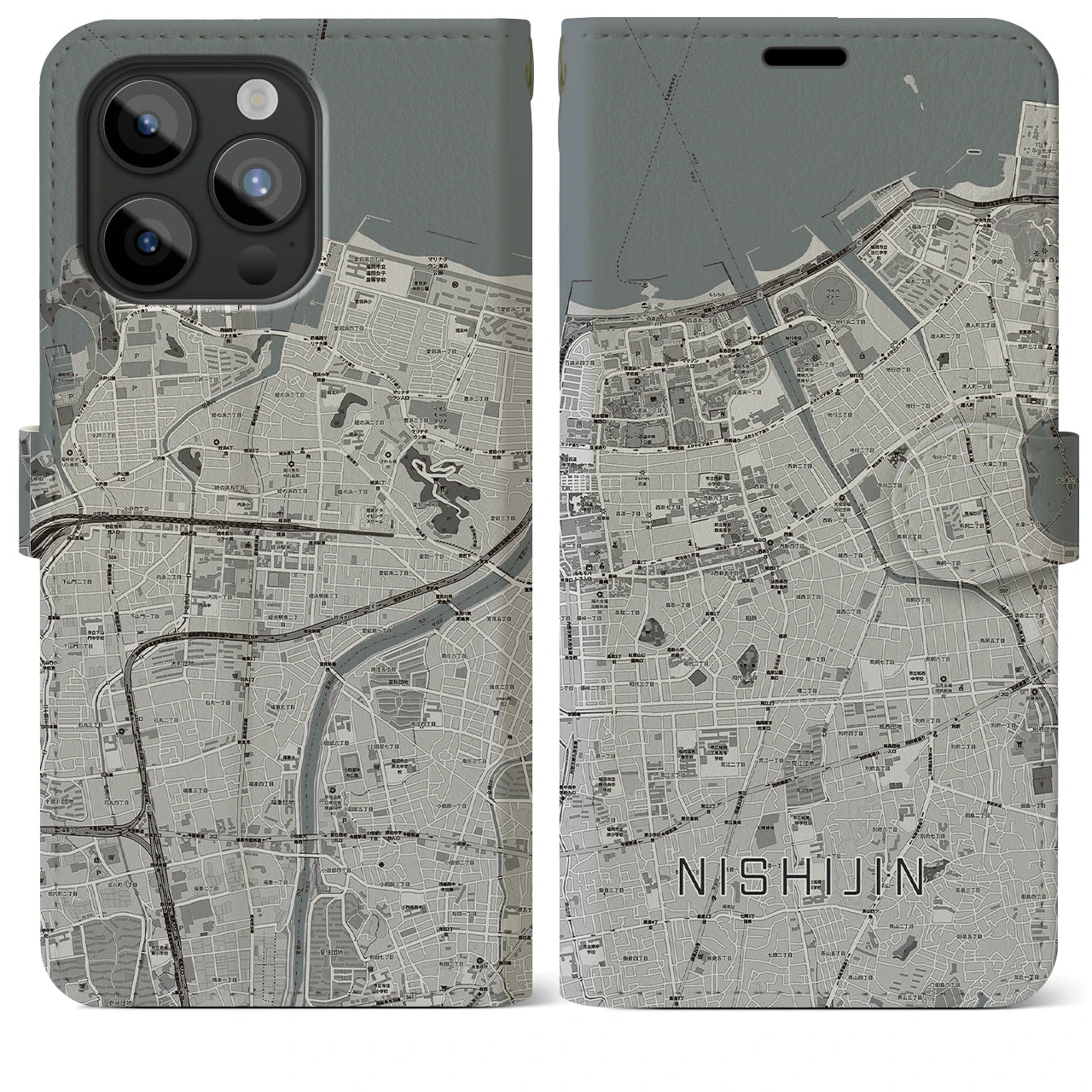 【西新(福岡県)】地図柄iPhoneケース(手帳タイプ)モノトーン・iPhone 15 Pro Max 用