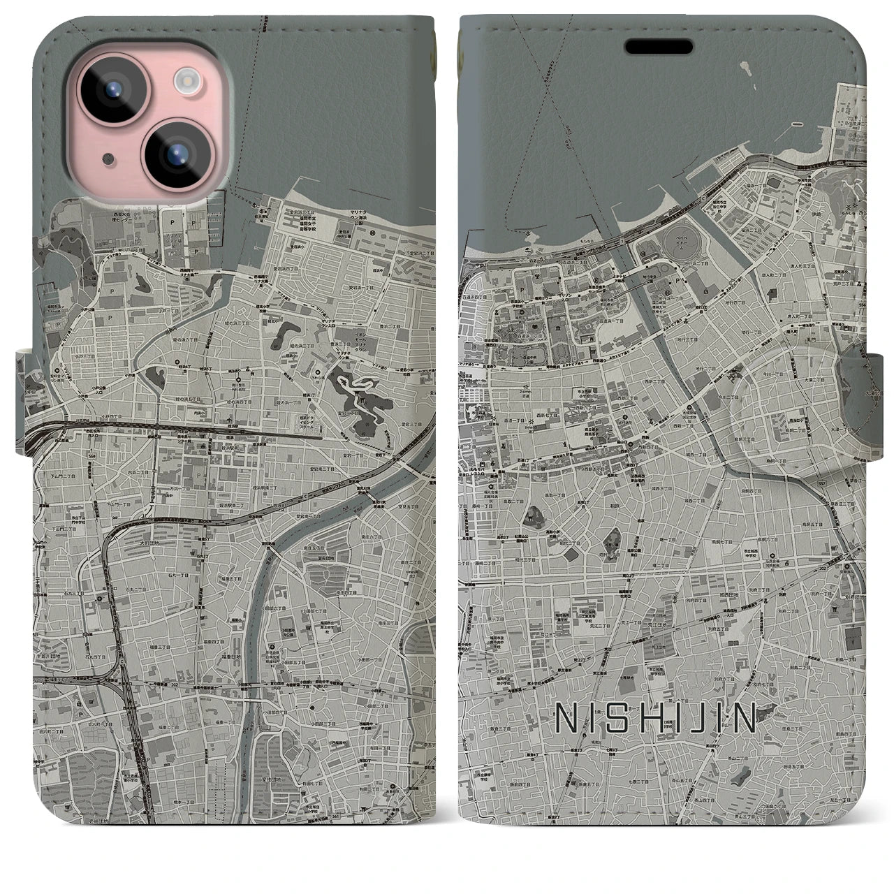 【西新(福岡県)】地図柄iPhoneケース(手帳タイプ)モノトーン・iPhone 15 Plus 用