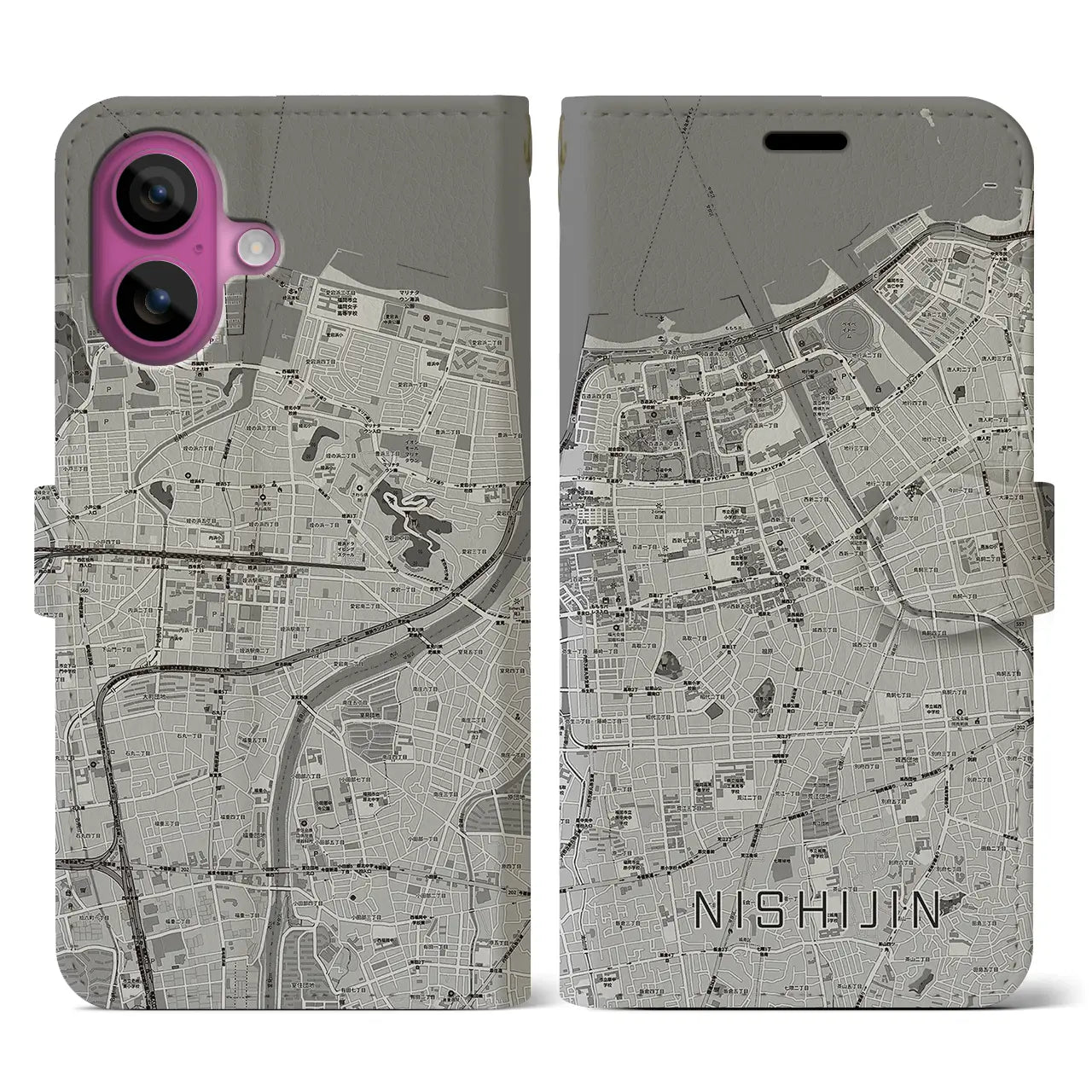 【西新(福岡県)】地図柄iPhoneケース(手帳タイプ)モノトーン・iPhone 16 Pro 用