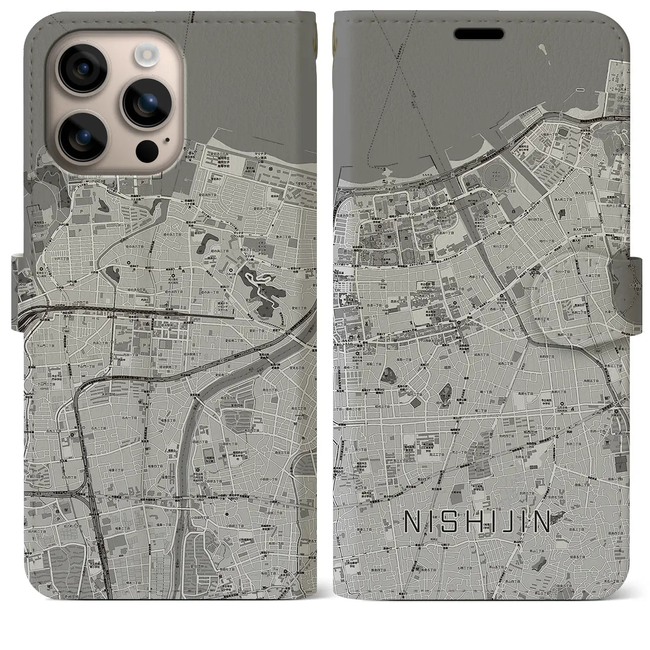 【西新(福岡県)】地図柄iPhoneケース(手帳タイプ)モノトーン・iPhone 16 Plus 用