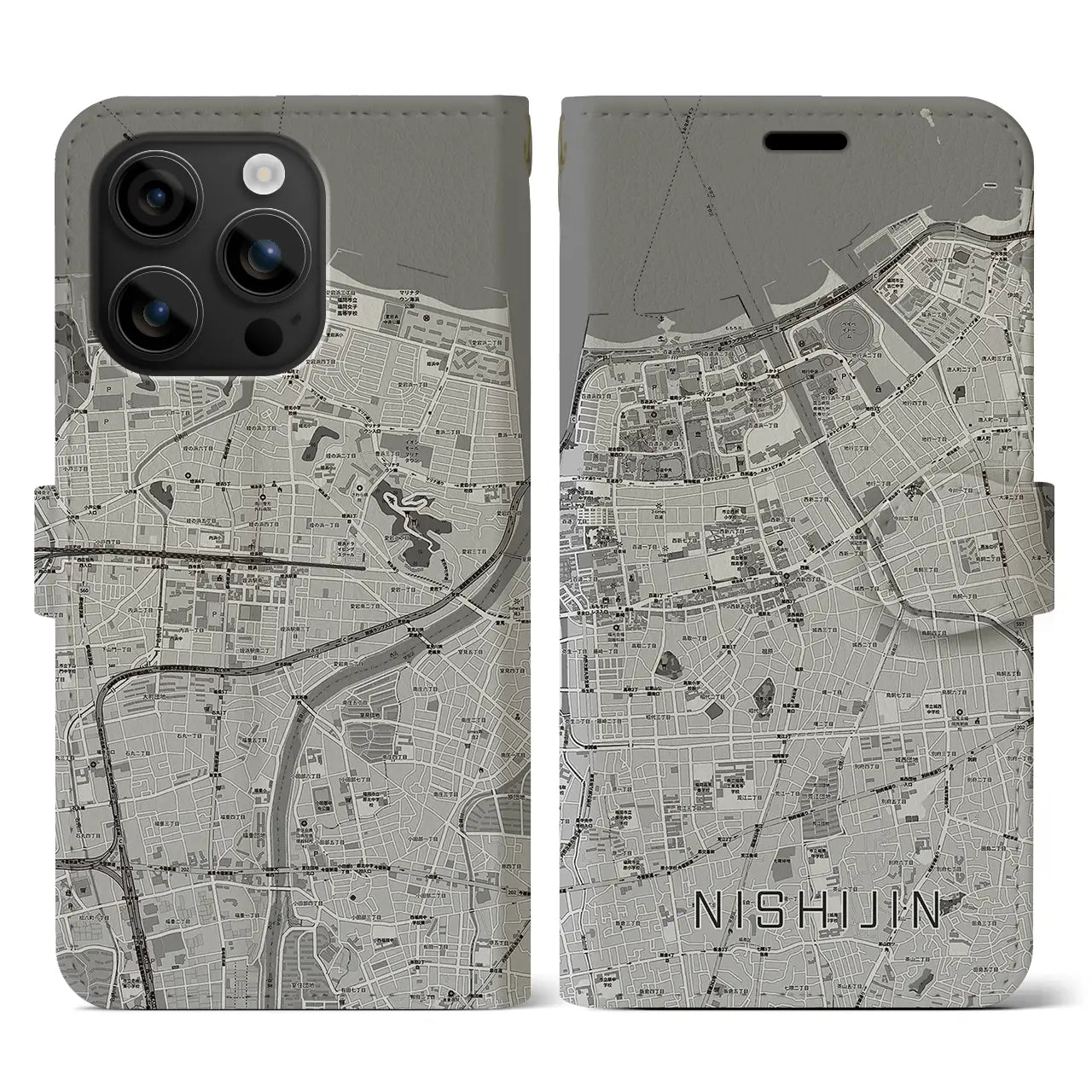 【西新(福岡県)】地図柄iPhoneケース(手帳タイプ)モノトーン・iPhone 16 用