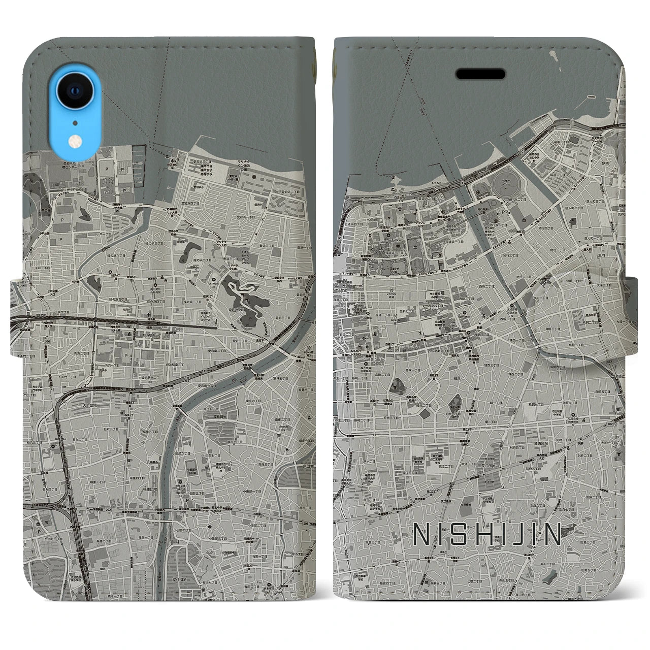 【西新(福岡県)】地図柄iPhoneケース(手帳タイプ)モノトーン・iPhone XR 用