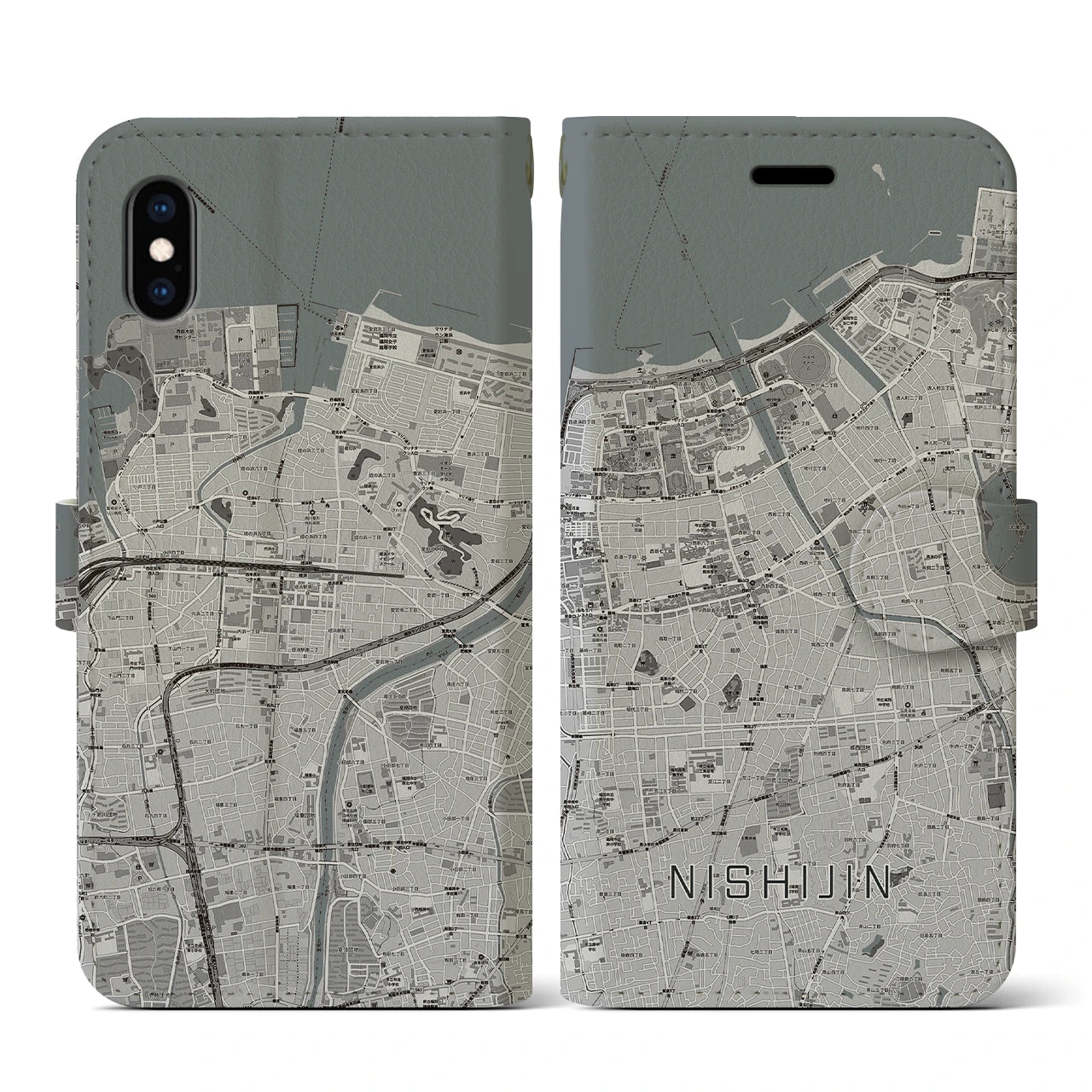 【西新(福岡県)】地図柄iPhoneケース(手帳タイプ)モノトーン・iPhone XS / X 用