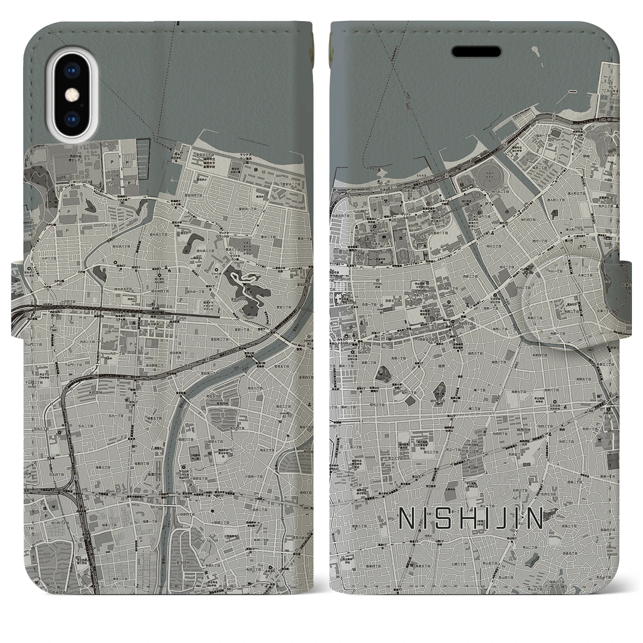 【西新(福岡県)】地図柄iPhoneケース(手帳タイプ)モノトーン・iPhone XS Max 用