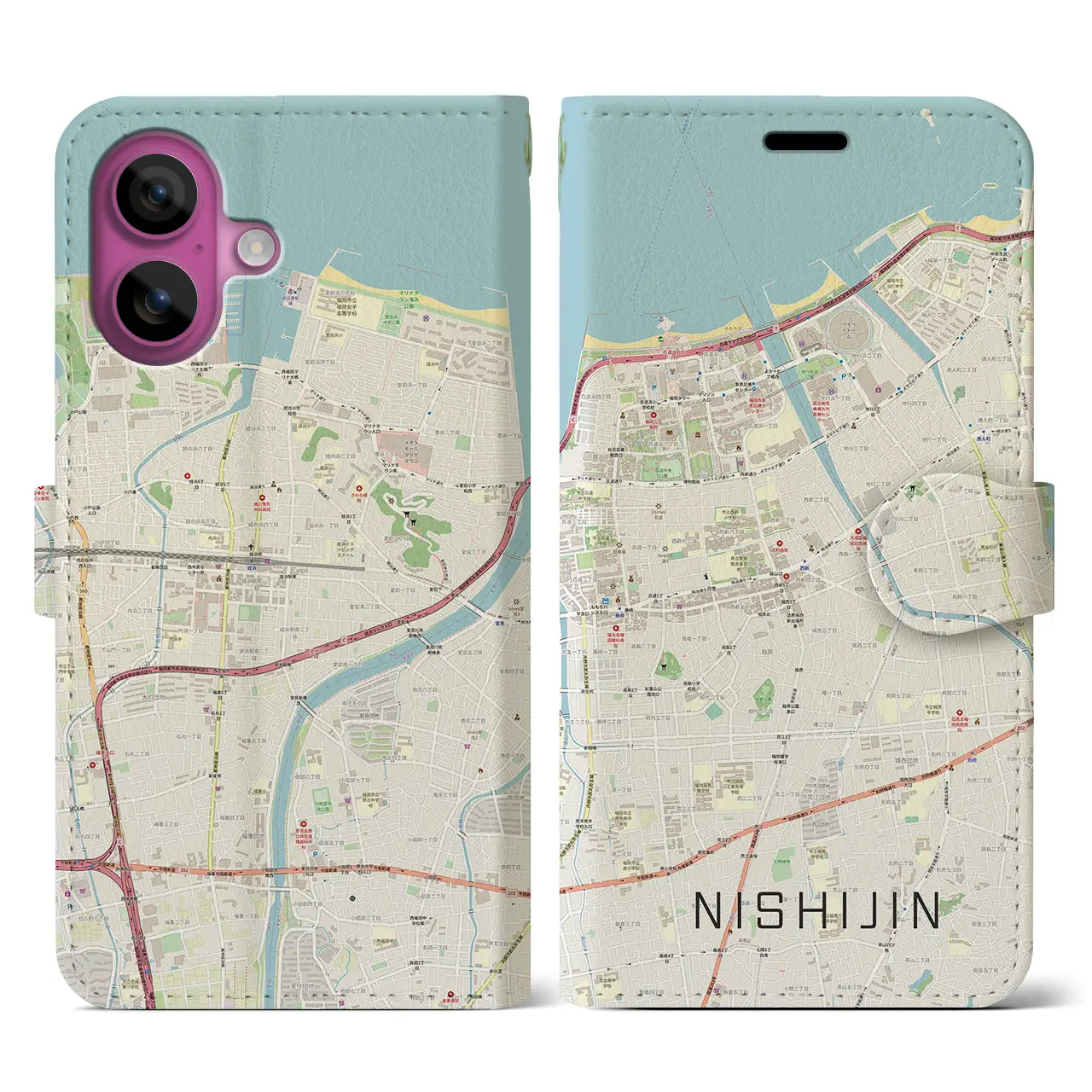 【西新(福岡県)】地図柄iPhoneケース(手帳タイプ)ナチュラル・iPhone 16 Pro 用
