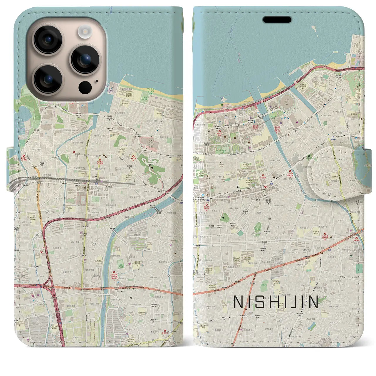【西新(福岡県)】地図柄iPhoneケース(手帳タイプ)ナチュラル・iPhone 16 Plus 用